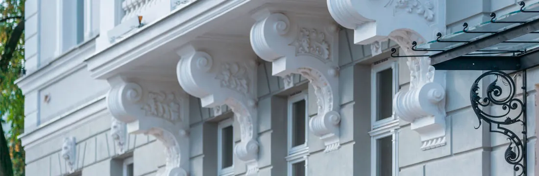 Architectural details of the restored historic facade of Max Born Forum in Wrocław